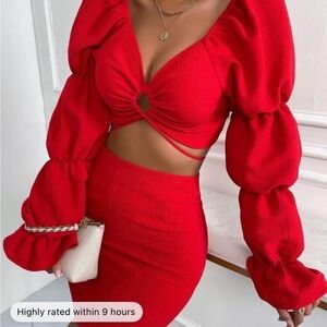 Elegant Red Women's Two Piece Matching Skirt Set